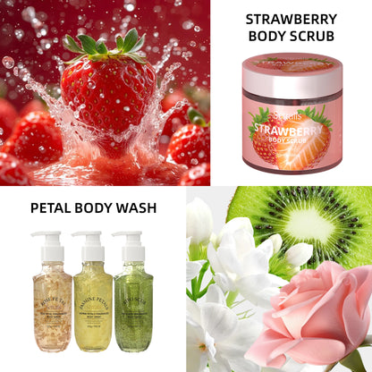 Rose Jasmine Kiwi Shower Gel 3pcs + Strawberry Body Scrub 150g