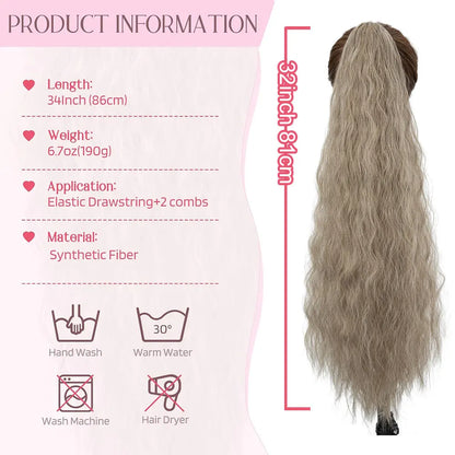 32" Long Curly Drawstring Ponytail Synthetic Hairpiece for Women Blonde Black Ponytail Clip in Hair Extensions for Daily Cosplay