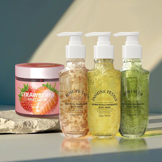 Rose Jasmine Kiwi Shower Gel 3pcs + Strawberry Body Scrub 150g
