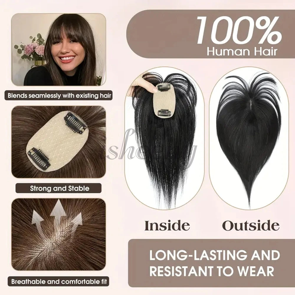 20cm Human Hair Topper with 5x9cm Base Net Natural Look Straight Hairpiece Seamless Blending to Hide Bald Spots or White Hair
