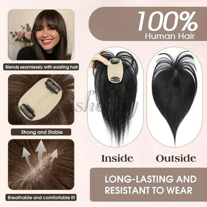 20cm Human Hair Topper with 5x9cm Base Net Natural Look Straight Hairpiece Seamless Blending to Hide Bald Spots or White Hair