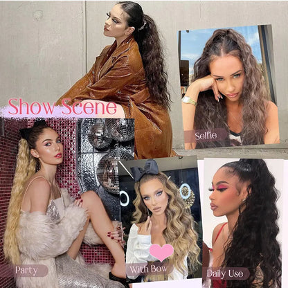 32" Long Curly Drawstring Ponytail Synthetic Hairpiece for Women Blonde Black Ponytail Clip in Hair Extensions for Daily Cosplay