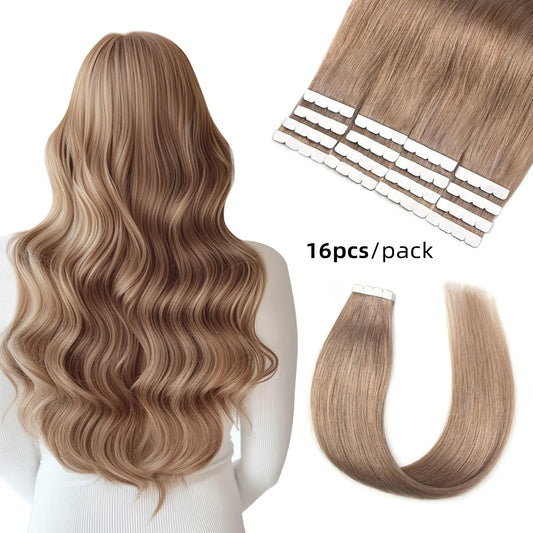16pcs Ash Brown Mini Tape In 100% Human Hair Extensions Strap Seamless Invisible Straight Strap Real Human Hair 12''-24''