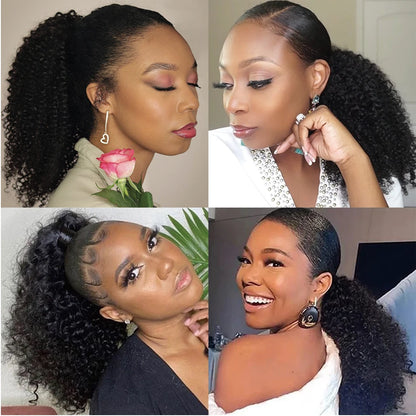 Kinky Curly Hair Extensions Drawstring Puff Ponytail Brazilian Real Human
