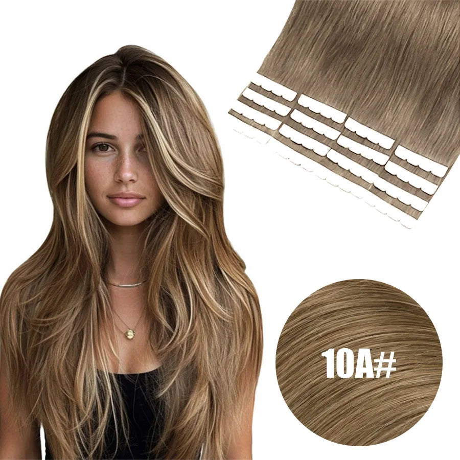 16pcs Ash Brown Mini Tape In 100% Human Hair Extensions Strap Seamless Invisible Straight Strap Real Human Hair 12''-24''