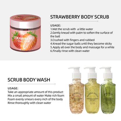 Rose Jasmine Kiwi Shower Gel 3pcs + Strawberry Body Scrub 150g